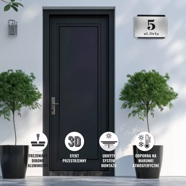 Engraved dibond address plaque 42 x 35 cm silver-black brushed - Ideal for modern entryway decor.