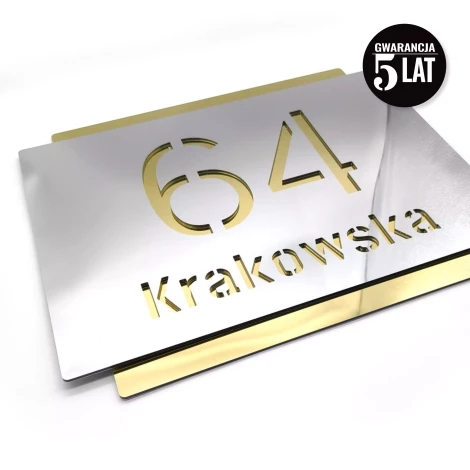 Engraved address plaque dibond 42 x 35 cm silver-gold - Graphic design. Silver front with cut-out numbers and text.