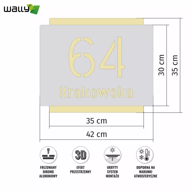 Engraved address plaque in dibond, 42 x 35 cm, silver-gold - Rectangular design with cut-out numbers.