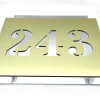 Engraved dibond number plaque 42 x 35 cm gold-silver brushed - Graphic design. Numbers 243 cut in gold.