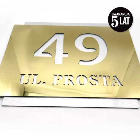Engraved address plaque in dibond 42 x 35 cm gold-silver - Graphic design with gold numbers and letters on silver background.