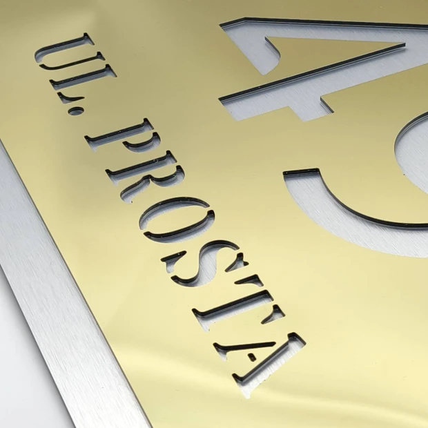 Engraved address plaque dibond 42 x 35 cm gold-silver - Graphic design. Gold letters cut in aluminum, silver accents.