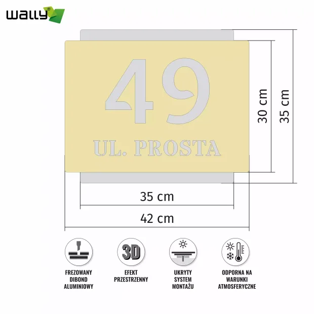 Engraved address plaque dibond 42 x 35 cm gold-silver - Graphic design. Gold numbers and letters on a silver background. Simple.