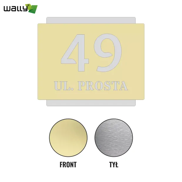 Engraved address plaque in dibond 42 x 35 cm gold-silver - Graphic design. Gold numbers and text on silver background.