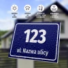 Address plaque with street and house number - Graphic design. Blue background with white numbers and text. Water droplets.