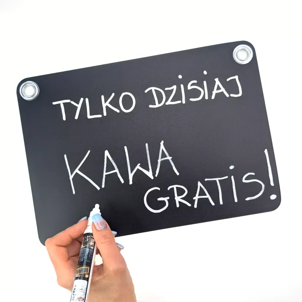 A4 hanging chalkboard - Graphic design. Black board with white text and round holes.