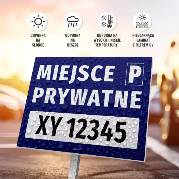 Private area sign with space for vehicle registration number - Graphic design. Blue background with white text and symbol.