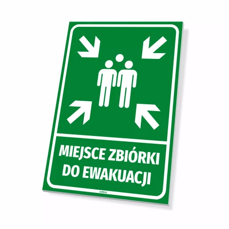 Evacuation assembly point sign - Graphic design. Green background with white arrows and an icon of two figures.
