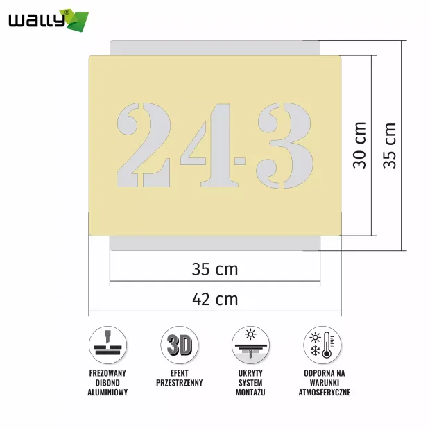 Engraved dibond number plate 42 x 35 cm gold-silver brushed - Graphic design. Gold numbers on a silver background.