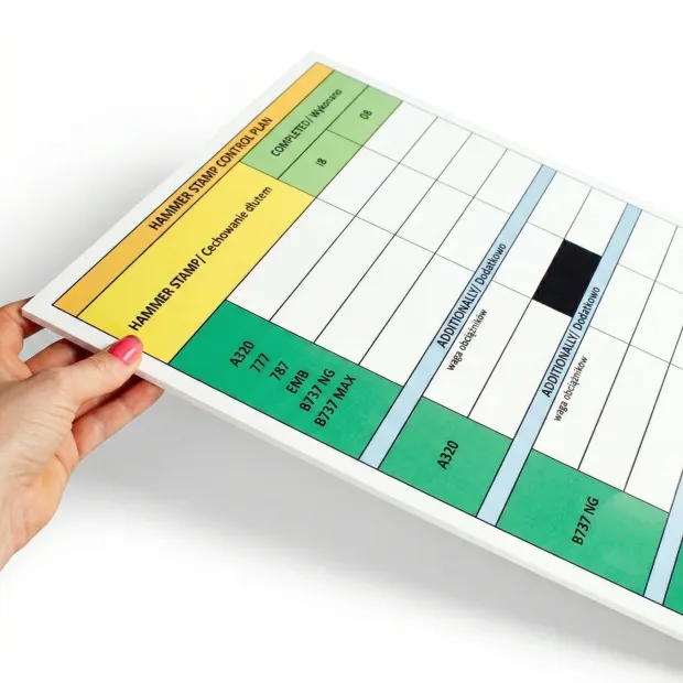 A3 dry-erase board with a graphic design. Simple table featuring colorful sections and text in various colors.