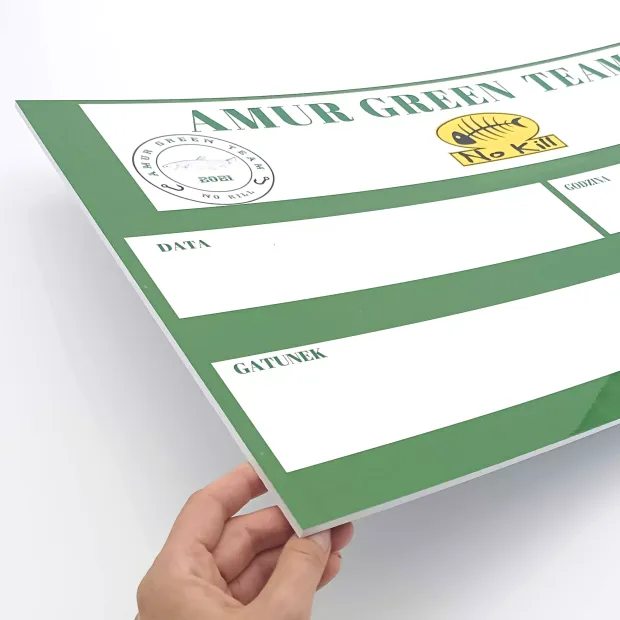 A5 whiteboard - Graphic design. Green background with white areas for text and logo.