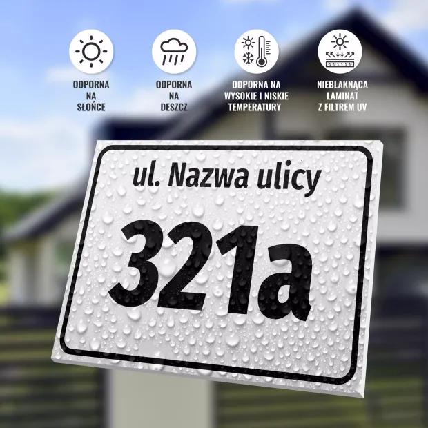 Street and house number sign - Graphic design. Simple shape, large digits, text on a white background with water droplets.