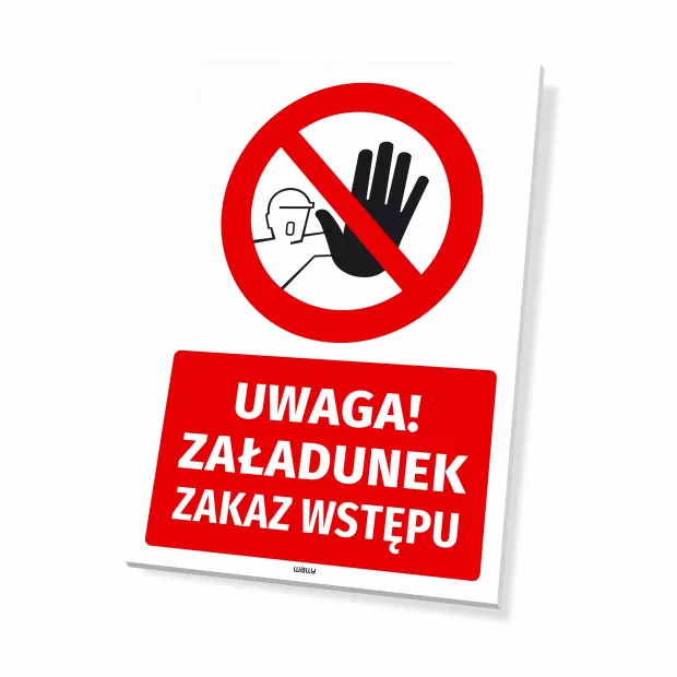 Warning sign for loading, No entry - Graphic design. Red circle with a hand inside, below it a red rectangle.