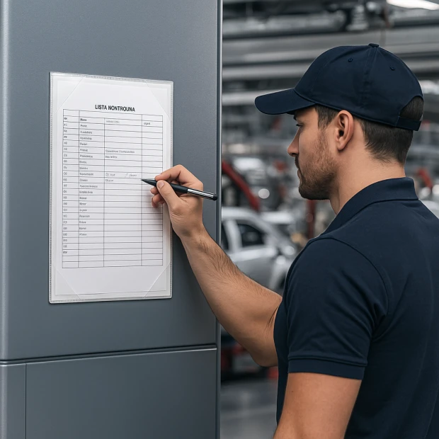 Magnetic pocket for direct writing A4 - arranged in a production hall with gray walls and metal accents.