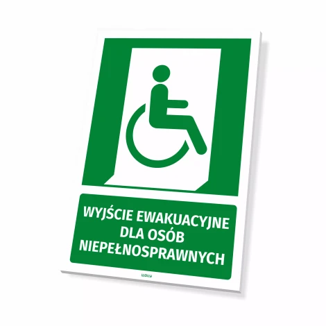 Emergency exit sign for disabled individuals - Green sign with white graphics.