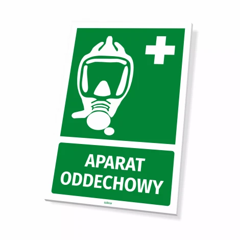 Information sign: Breathing apparatus - Graphic design. Green sign with white mask pictogram and text.