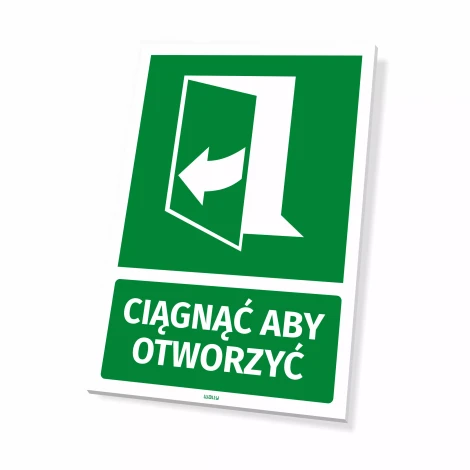 Information sign: Pull to open - Graphic design. Green sign with white door graphic and arrow.