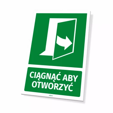 Information sign: Pull to open - Graphic design. Green board with white door graphic and arrow.