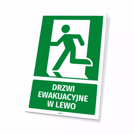 Emergency exit sign: Left door - Graphic design. Green pictogram of a running figure heading towards the door.