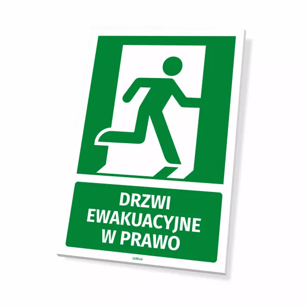 Emergency exit sign: Right door - Graphic design. Green sign with a white running figure icon.