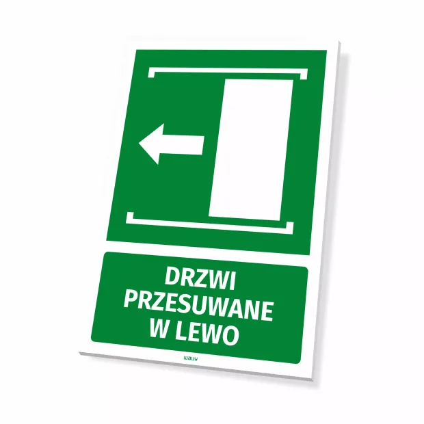 Information sign: Sliding door left - Graphic design. Green background with a white arrow and rectangle.