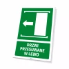 Information sign: Sliding door left - Graphic design. Green background with a white arrow and rectangle.
