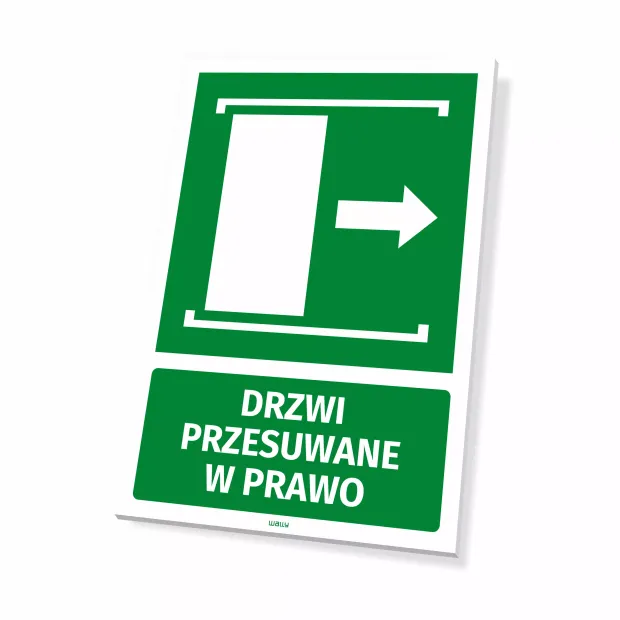 Information sign: Sliding door to the right - Graphic design. Green background with a white arrow and rectangle.