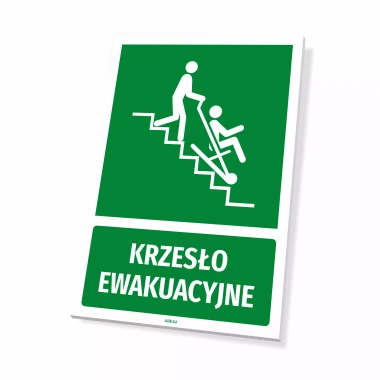 Information sign: Evacuation chair - Graphic design. Green background with white figures and text.