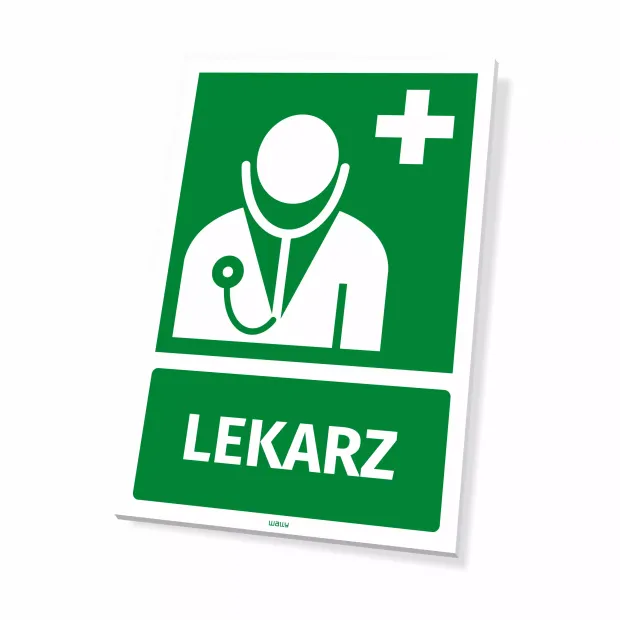 Information sign: Doctor - Graphic design. Green background with a white doctor icon and the word DOCTOR.