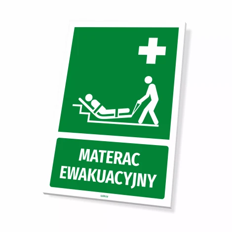 Information sign: Evacuation mattress - Graphic design. Green background with white symbols of a lying person and a pulling person.