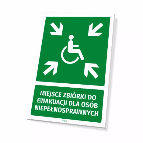 Information sign: Evacuation assembly point for disabled individuals - Graphic design. Green background with white text.