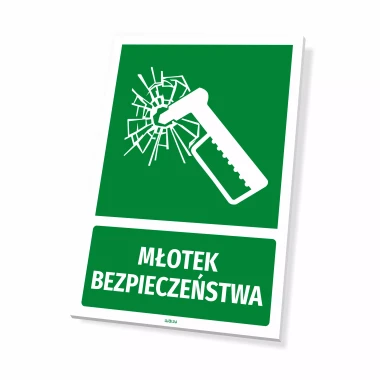 Safety hammer sign - graphic design. Green background with a white hammer and broken glass.