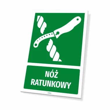Information sign: Rescue knife - Graphic design. Green background with a white knife and text.