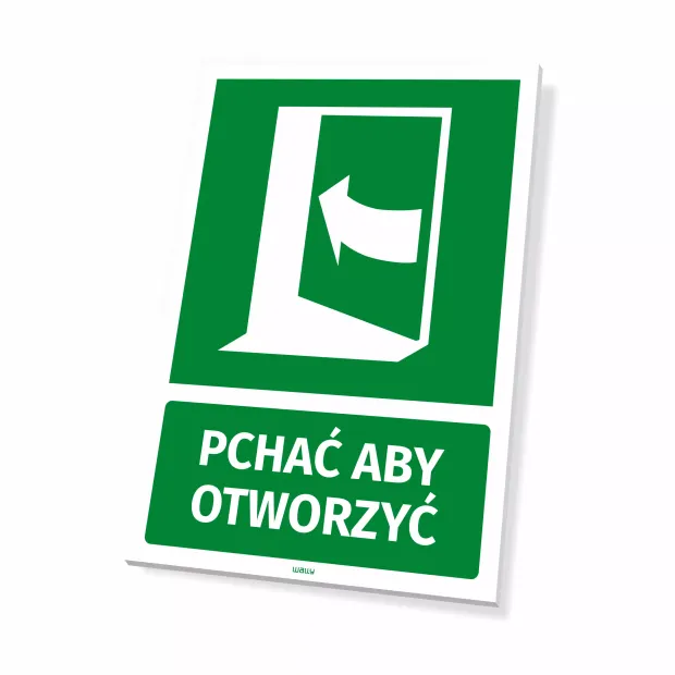 Information sign: Push to open - Graphic design. Green sign with a white door pictogram and arrow.
