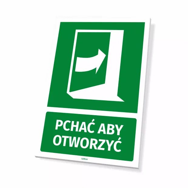 Information sign: Push to open - Graphic design. Green sign with a white door symbol and right arrow.