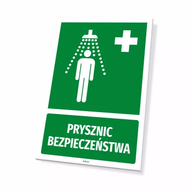 Safety shower sign - graphic design. Green background with a shower icon above a human silhouette.
