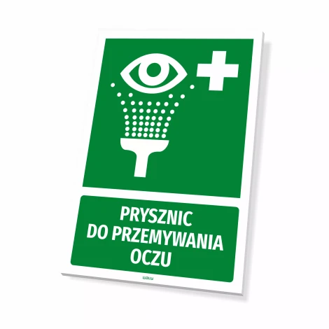 Information sign: Eye wash shower - Graphic design. Green sign with a white shower pictogram.