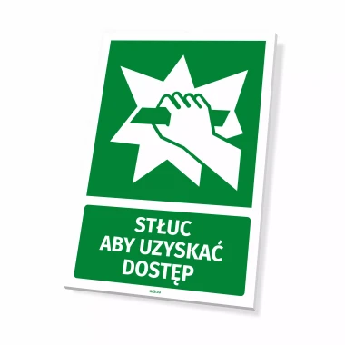 Information sign: Break to access - Graphic design. Green background, white hand holding an object, explosive.