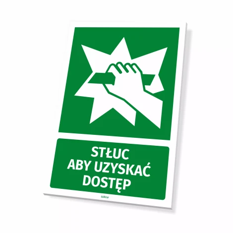 Information sign: Break to access - Graphic design. Green background, white hand holding an object, explosive.