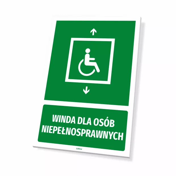 Information sign: Elevator for disabled individuals - Graphic design. Green background with white wheelchair icon.