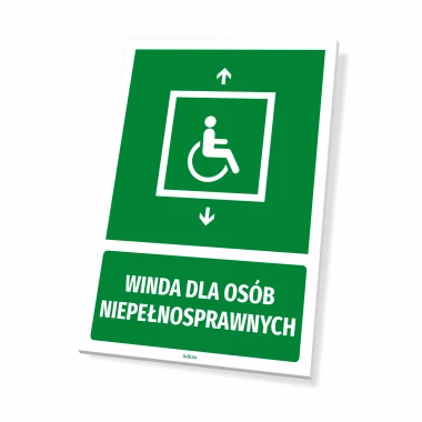 Information sign: Elevator for disabled individuals - Graphic design. Green background with white wheelchair icon.