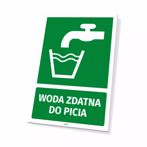 Information sign: Drinking water - Graphic design. Green background, white tap, and glass of water.