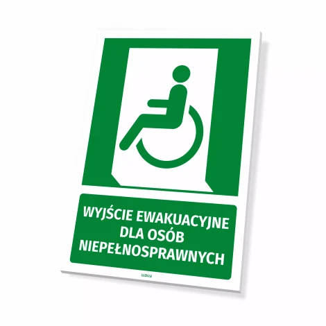 Information sign: Emergency exit for disabled individuals - Graphic design. Green background, white frame, pictogram.