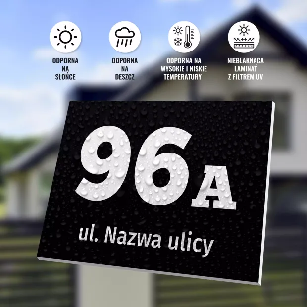 Building plaque with street name and number - Rectangular design featuring large digits and text on a water droplet background.