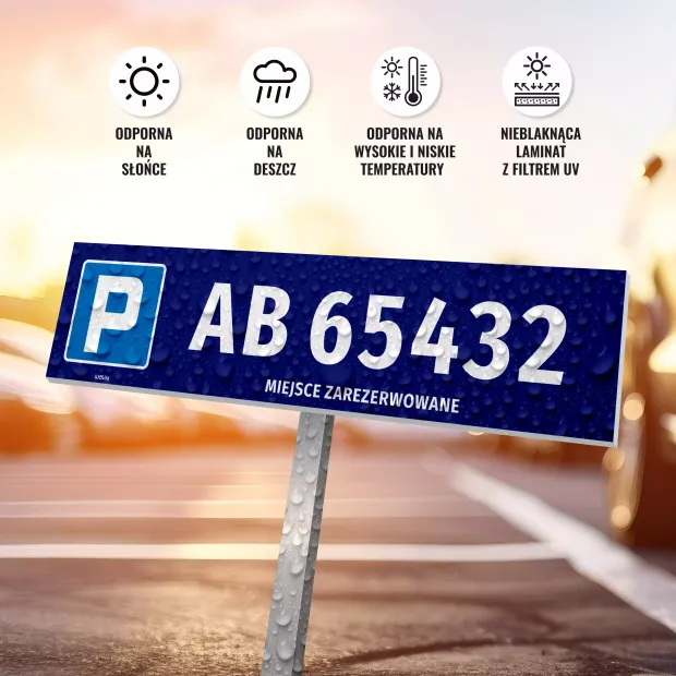 Parking sign with registration number, reserved space - Graphic design. Simple shape, blue background, white.