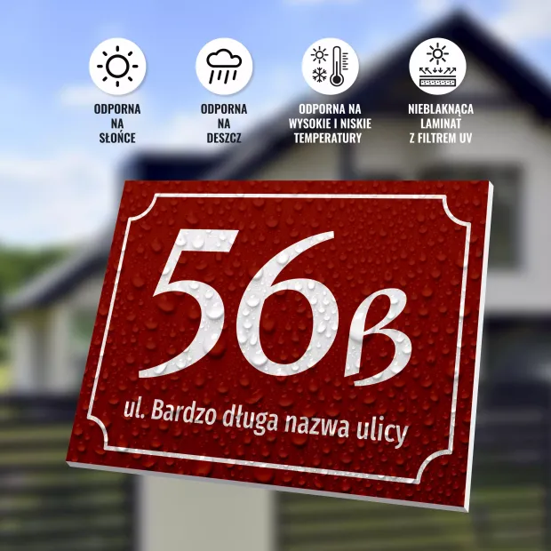Property sign with number and street - Graphic design. Red background with white numbers and text, water droplets on surface.