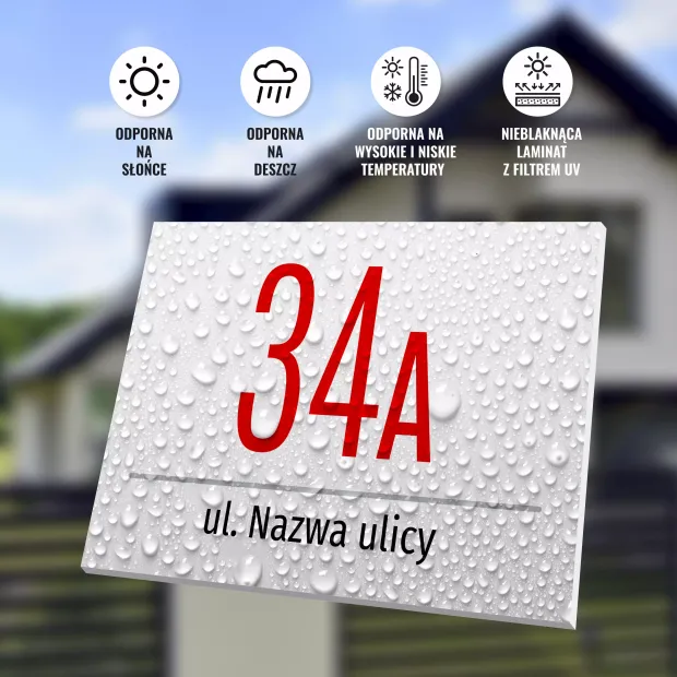 Building number sign with street name - Graphic design. Simple shape, red number on gray background, text below.