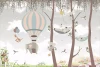 Children\'s wallpaper with trees, balloons, and animals 0532 DW - A graphic design featuring balloons in the sky among trees.