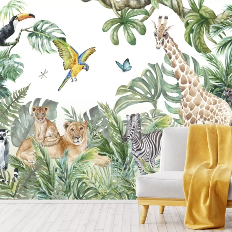 Children\'s wallpaper Wild Animals, Green Leaves 0529 DW - Decor for a child\'s room. Light-colored walls, furniture.