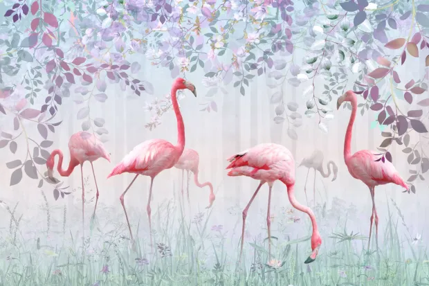 Children\'s wallpaper with pink flamingos against a backdrop of leaves and grass, featuring flamingos in various poses.